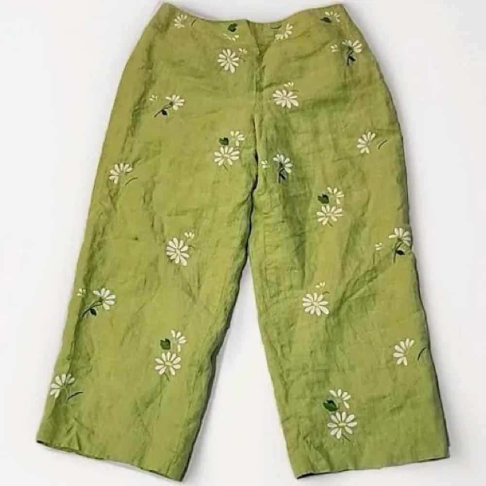 Talbots Irish Linen Green Embroidered Daisy Cropped Pants - 26” inseam